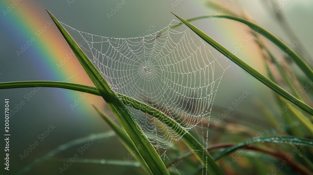 Naklejka premium Spider web with dew drops and rainbow
