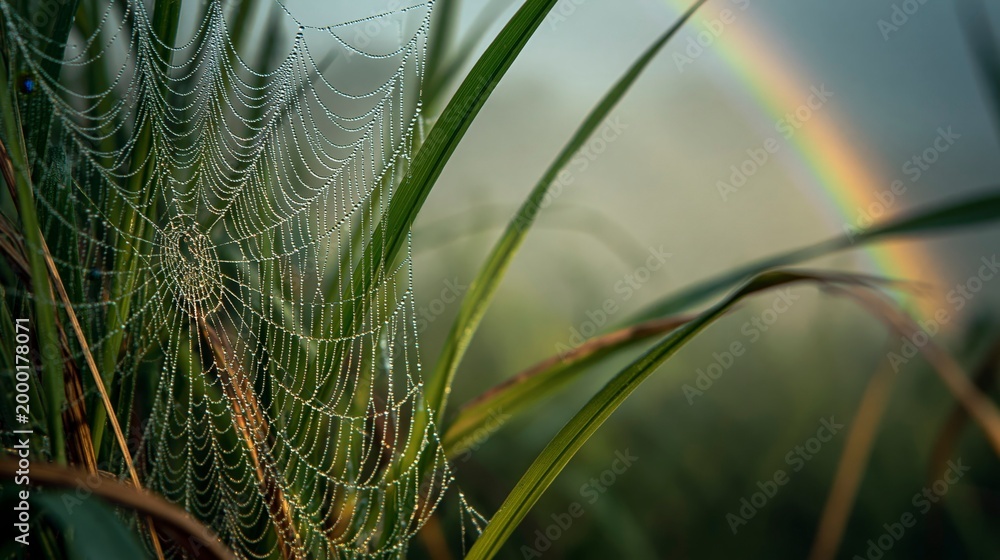 Naklejka premium Spider web with dew drops and rainbow