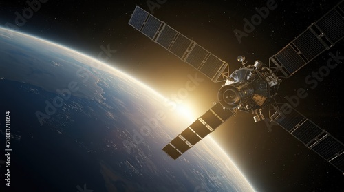 A satellite orbits Earth with the sun rising over the planet