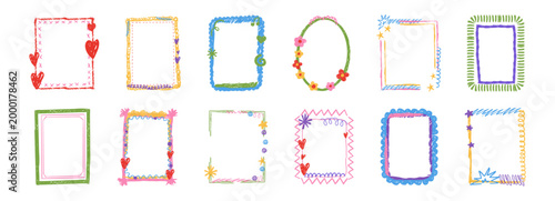 Crayon frame childlike hand drawn border set. Kindergarten chalk texture, doodle scribble box, cute for child childish day. 