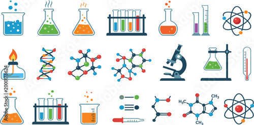 Comprehensive chemistry laboratory equipment vector illustration set featuring colorful flasks beakers molecular structures atoms and microscope for scientific research and education,