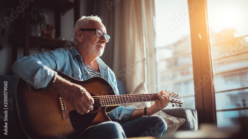 Senior man enjoying music, playing acoustic guitar at home