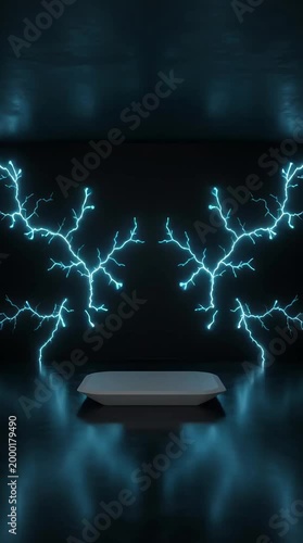 Blue lightning bolts crackling and pulsing with electric energy, reflections shimmering on the glossy floor, dramatic cinematic motion