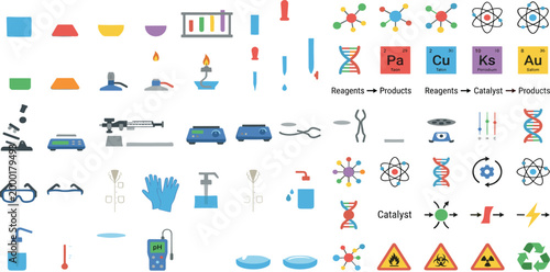 Comprehensive chemistry laboratory vector icons featuring scientific equipment safety gear chemical reactions and periodic table symbols for educational research projects,