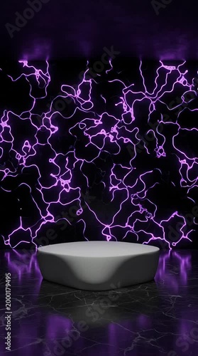 Purple neon lightning energy flowing and pulsing dynamically across the dark marble wall, subtle glowing reflections on the marble floor, cinematic lighting, smooth looping animation