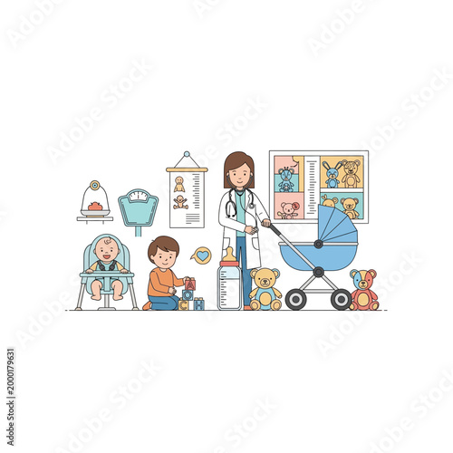 Pediatric healthcare and baby care illustration set with pediatric, healthcare
