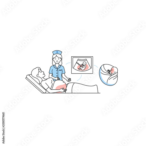 Doctor performing ultrasound exam on pregnant woman with ultrasound, pregnancy