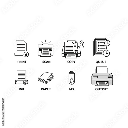 Office printing and document management equipment icons with printing, scanning