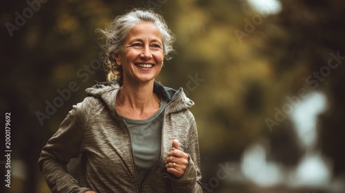 Senior woman jogging outdoor smiling feeling healthy, copy space