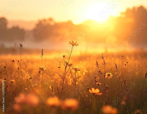 A serene landscape captures a golden sunset over a field of wildflowers, creating a warm and peaceful atmosphere.