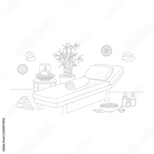 Relaxing spa treatment room with massage table and wellness accessories