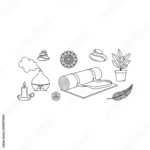 Wellness and relaxation line art elements with yoga mat plant and diffuser