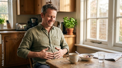 Middle-aged man smiling while enjoying breakfast at home kitchen  