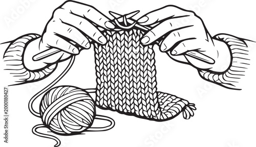 Minimal black and white line art of female hands knitting a scarf with needles. Hand drawn illustration isolated on transparent background, perfect for handmade craft design, hobby projects, decor.