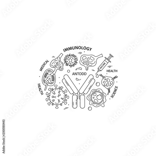 Immunology science illustration featuring antibodies and viruses, immunology