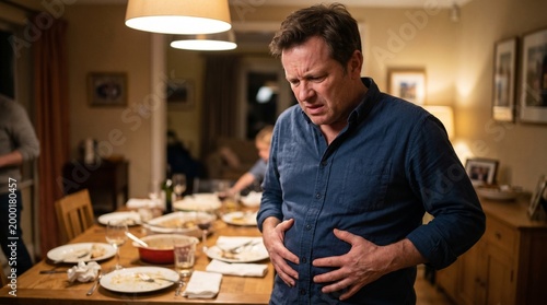 Man feeling discomfort while standing by dining table at home  
