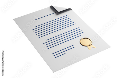 Quadro su tela Certificate document with gold seal in clean rendering style on white background