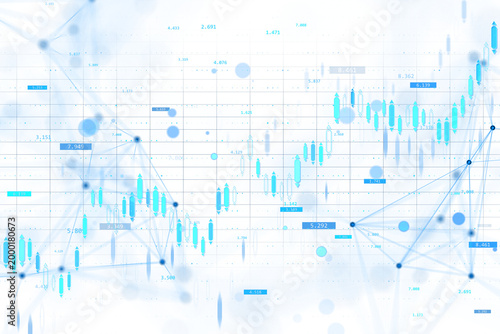 Financial chart with abstract blue candlesticks in digital style on light background, concept of market analysis, 3D Rendering