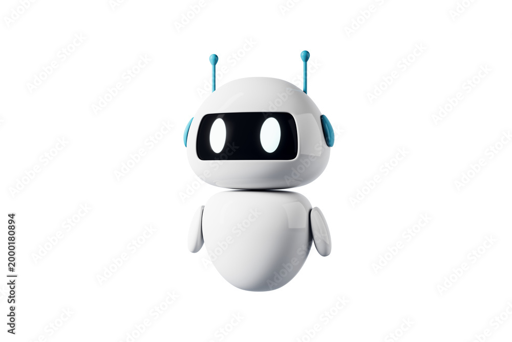 Naklejka premium Cute small robot figure in smooth glossy style on white background as concept of artificial intelligence helper. 3D Rendering