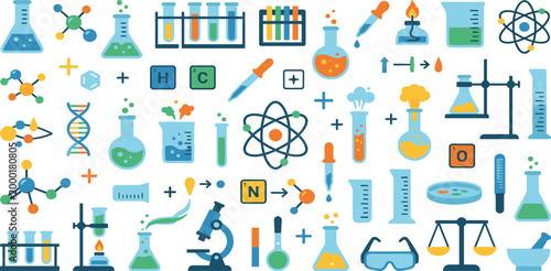 Modern chemistry laboratory equipment vector illustration set featuring flasks beakers microscope molecular structures and science research icons for education,