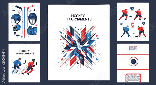 Hockey tournament graphics, ice hockey posters, sports illustrations, vector set