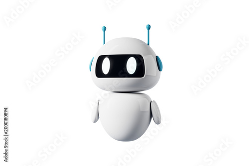 Cute small robot figure in smooth glossy style on white background as concept of artificial intelligence helper. 3D Rendering