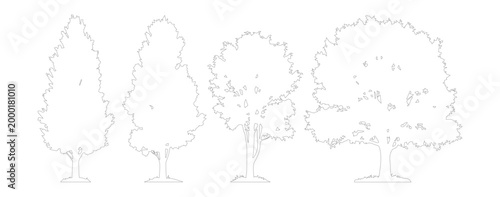 Minimalist tree outline vector set, collection of 4 thin line deciduous tree silhouettes, architectural landscape plant icons for site plans
