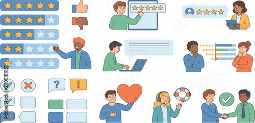 Customer feedback and review vector illustration set featuring diverse people giving star ratings thumbs up testimonials and using online support services for business user experience design,