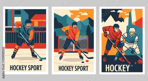 Hockey players, ice hockey sport, athletic illustrations, colorful posters