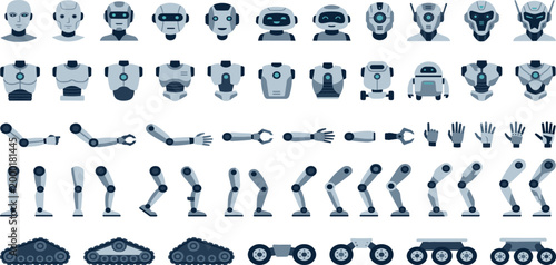 Futuristic humanoid robot construction kit vector set featuring sleek heads torsos mechanical limbs hands and tracks for advanced artificial intelligence and cybernetic character design,