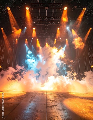 A brightly lit stage is filled with smoke and dramatic lighting effects, creating an atmosphere of anticipation.