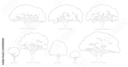 Minimalist tree outline vector set, simple line art oak and deciduous trees collection, 7 nature plant silhouettes for architectural site plans