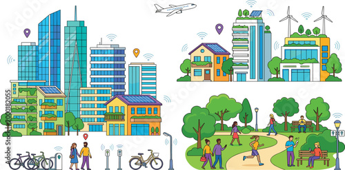 Sustainable smart city vector illustration featuring eco friendly buildings solar panels wind turbines green parks and modern urban infrastructure for future living,
