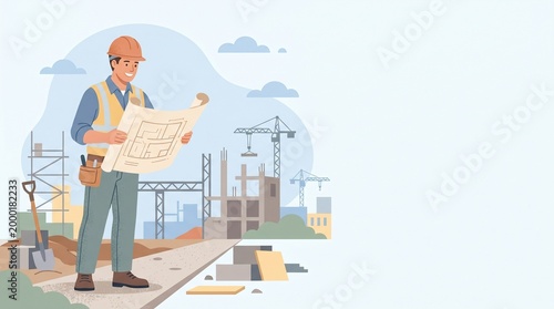 A construction worker wearing a hard hat and safety vest examines blueprints at a building site with cranes and scaffolding in the background, illustrating a project in progress