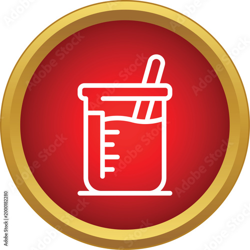 Beaker with liquid and stirrer in a red circle creating a chemistry icon
