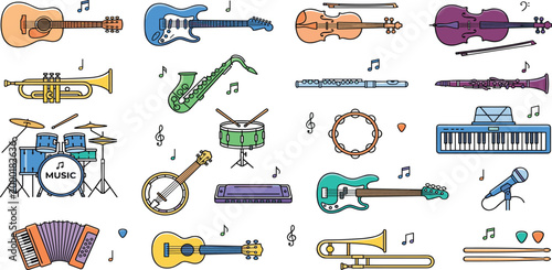 Large musical instruments vector collection featuring guitar drum set piano violin saxophone and trumpet icons for education and studio design,