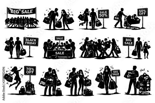 Silhouette shopping frenzy: black friday, discounts, crowds, and sales signs.