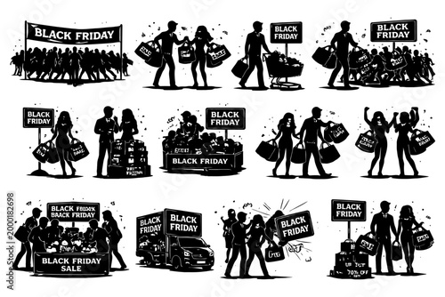 Silhouettes shopping frenzy on black friday sale event.