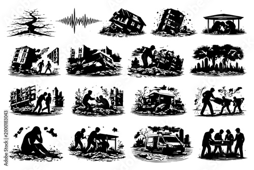 Black and white earthquake disaster silhouettes: human and structural impact.