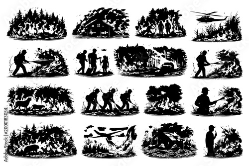 Monochrome wildfire scenes: firefighting, evacuation, and wildlife rescue.
