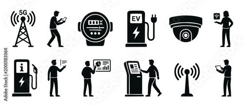 Smart City Technology Icons Set - IoT Infrastructure, Digital Communication and Sustainable Energy Symbols for Urban Development, 5G Network, Electric Charging, Data Management and Modern Public Servi