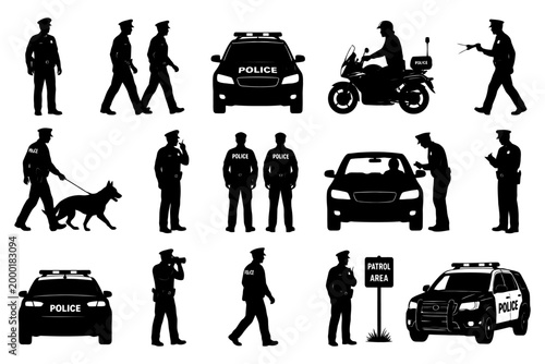 Silhouettes of police officers with vehicles and k9 units in various actions.