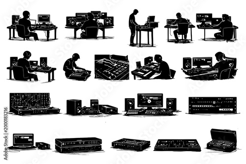 Black and white illustrations of music producers in studio environments.