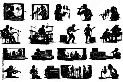 Silhouettes of musicians performing with various instruments in studio settings.