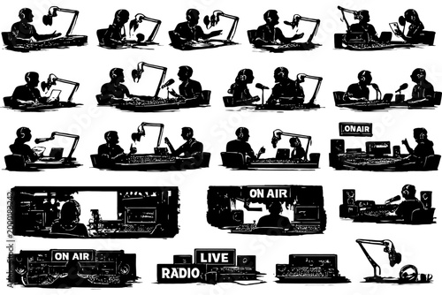 Vintage black and white illustrations of radio hosts and guests in studio.