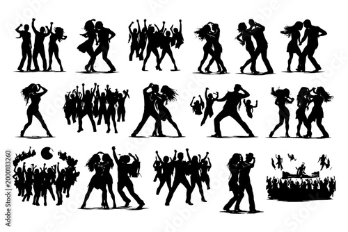 Silhouettes of diverse people dancing energetically in groups and pairs.