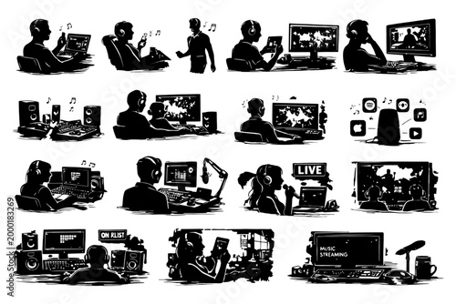 Evolution of music consumption: from vinyl to streaming in black and white illustrations.