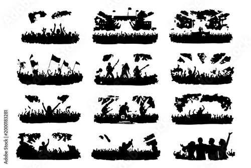 Silhouette crowd celebrating at concerts and sports events.