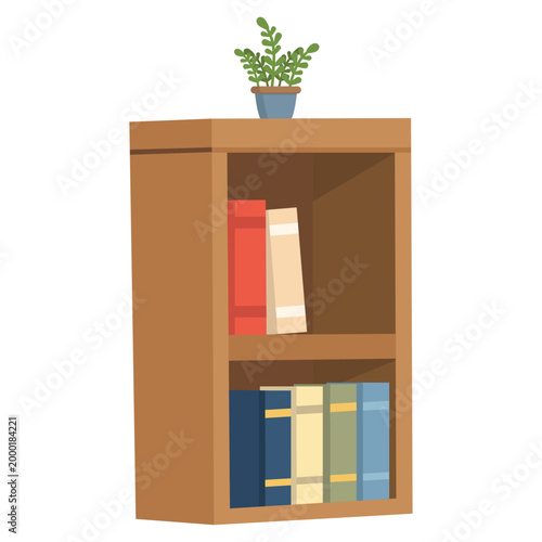 Wooden Bookshelf With Books And Plant In Home Interior