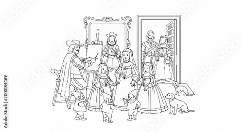 Artist paints royalty and courtiers with attendants and dogs present